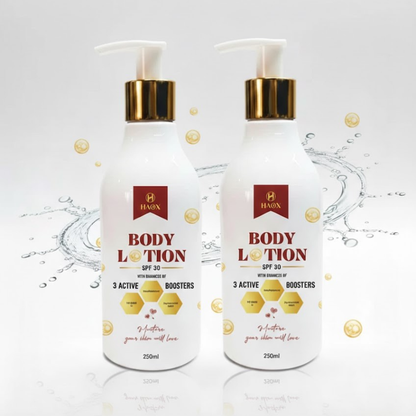 HAOX SPF 30 Detan &amp; Glow Body Lotion Combo Pack (2 × 250mL) Sun Protection • Brightening • Daily Moisture
